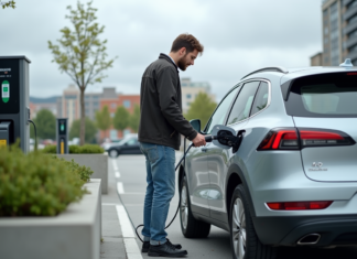 Voitures électriques : Réelles alternatives écologiques ? Homme moyenâgeux branchant une voiture électrique dans un parking urbain