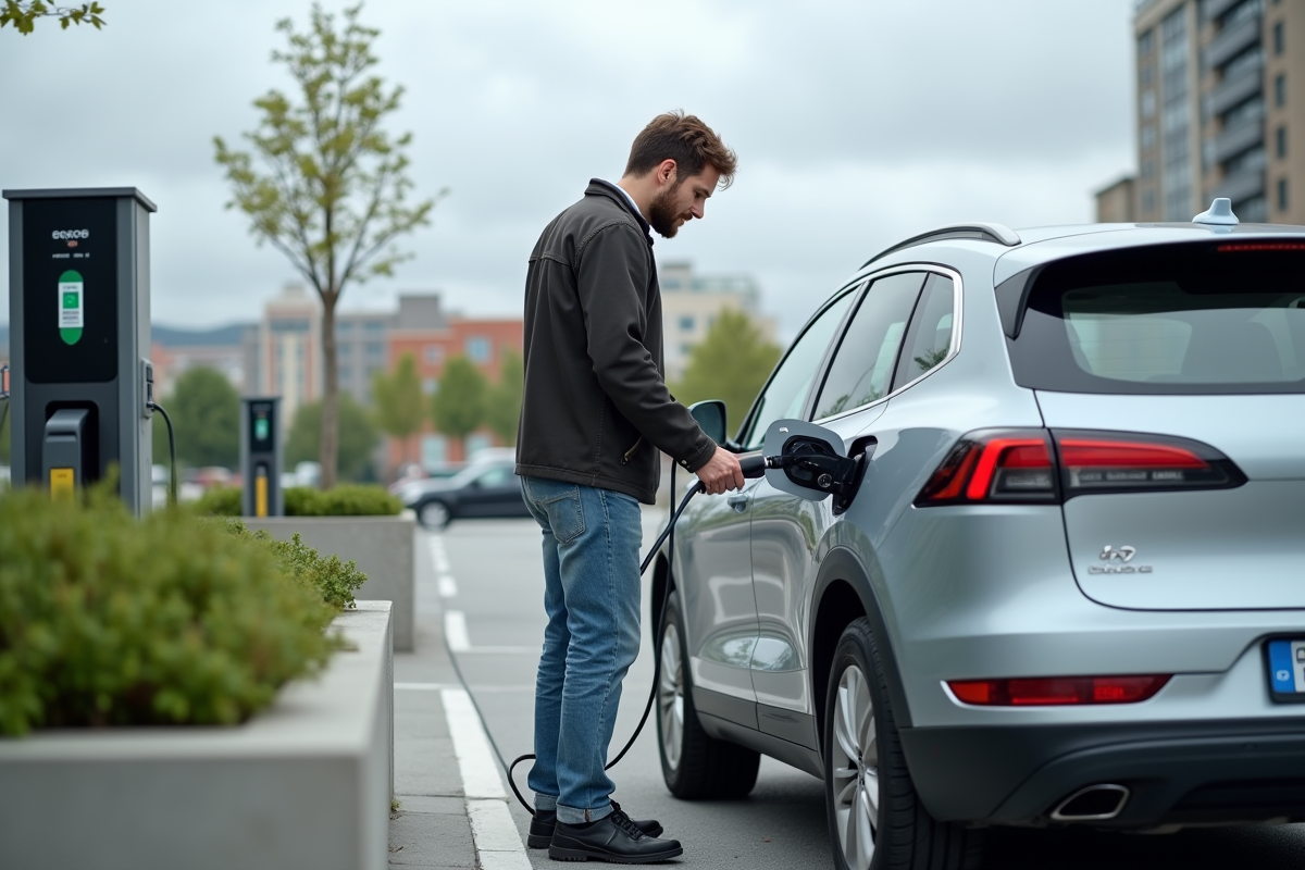 Homme moyenâgeux branchant une voiture électrique dans un parking urbain