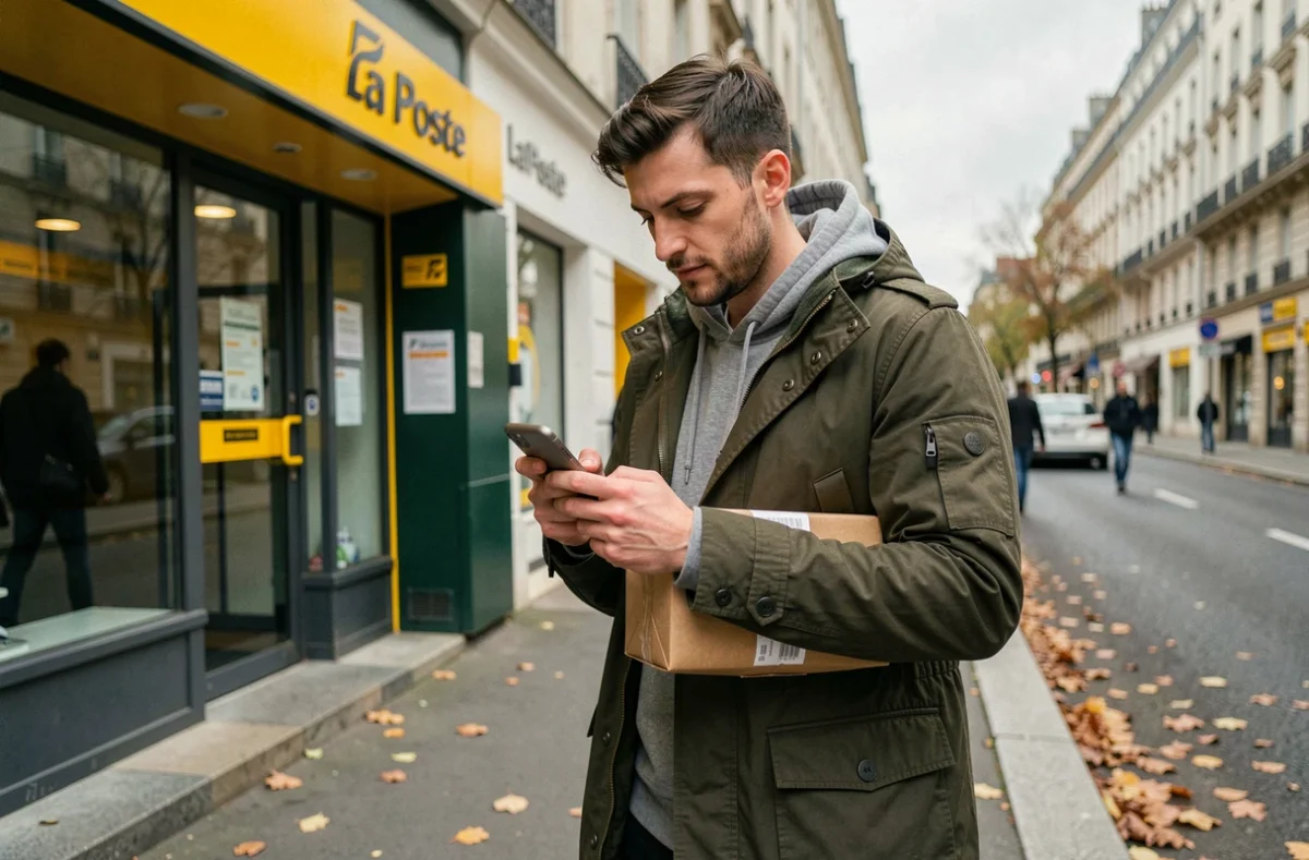 Homme avec un colis devant un bureau de poste consultant l'application Vinted Go sur son téléphone