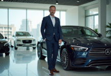 Homme confiant en costume dans un showroom automobile