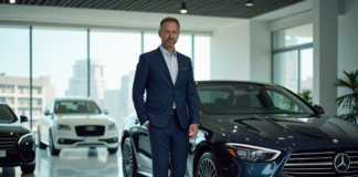 Homme confiant en costume dans un showroom automobile