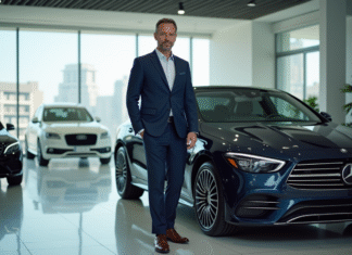 Homme confiant en costume dans un showroom automobile