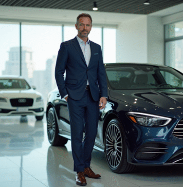 Entreprise automobile : la plus rentable en France en 2025 ? Homme confiant en costume dans un showroom automobile