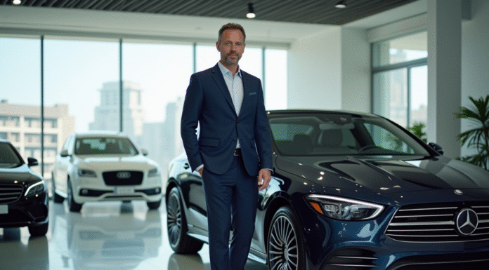 Homme confiant en costume dans un showroom automobile