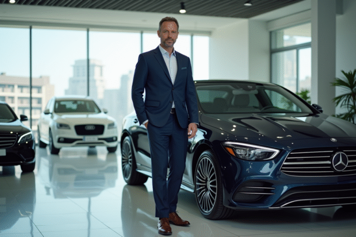 Homme confiant en costume dans un showroom automobile