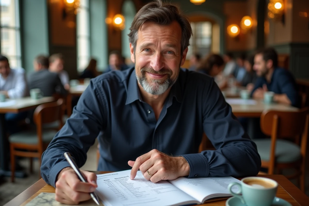 Homme consultant un exercice de conjugaison de verbes français au passé dans un café parisien
