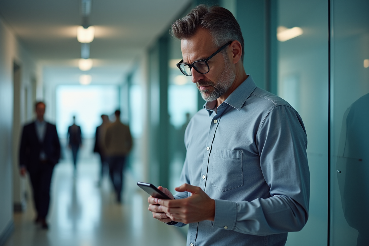 Homme d affaires entrant dans un bureau avec smartphone