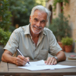 Vivre à l’étranger avec ma retraite française : conseils pratiques et démarches à suivre Homme d'âge mûr souriant en terrasse méditerranéenne