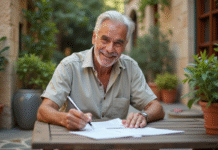 Vivre à l’étranger avec ma retraite française : conseils pratiques et démarches à suivre Homme d'âge mûr souriant en terrasse méditerranéenne