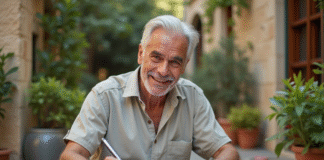 Homme d'âge mûr souriant en terrasse méditerranéenne