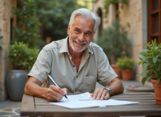 Vivre à l’étranger avec ma retraite française : conseils pratiques et démarches à suivre Homme d'âge mûr souriant en terrasse méditerranéenne