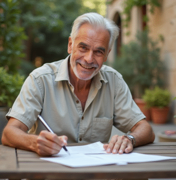 Vivre à l’étranger avec ma retraite française : conseils pratiques et démarches à suivre Homme d'âge mûr souriant en terrasse méditerranéenne