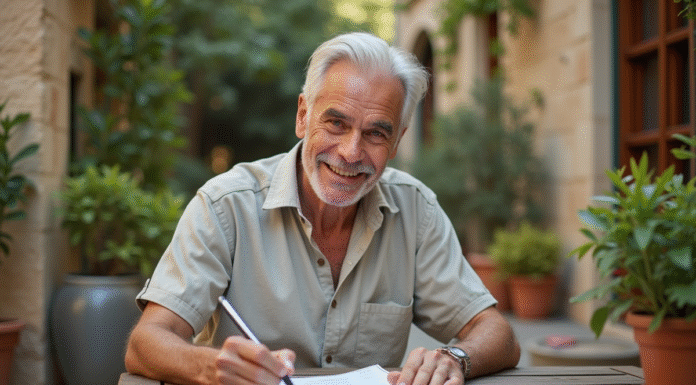 Vivre à l’étranger avec ma retraite française : conseils pratiques et démarches à suivre Homme d'âge mûr souriant en terrasse méditerranéenne