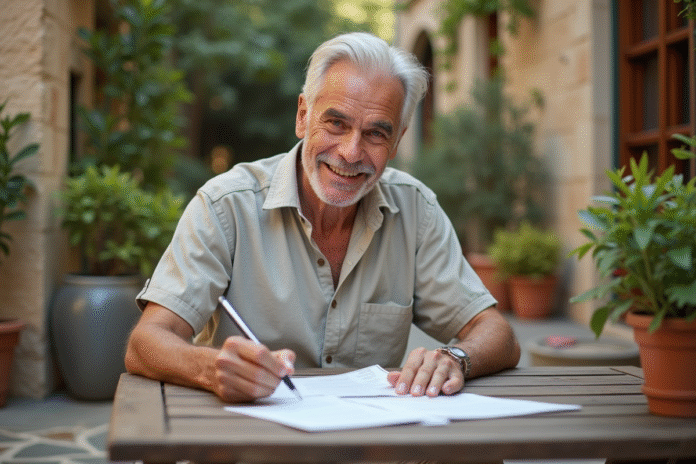 homme-expatri-dtente-mditerranenne Homme d'âge mûr souriant en terrasse méditerranéenne