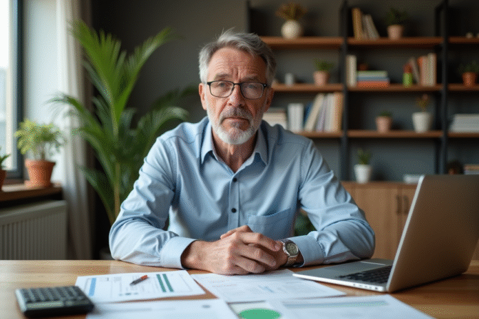homme-gestion-revenus-immobiliers Homme d'affaires à la maison gère ses revenus locatifs