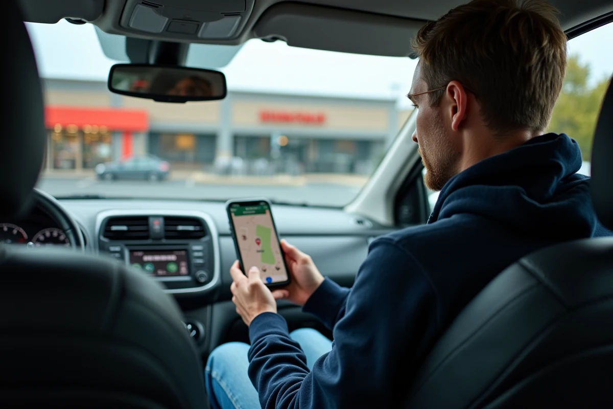Homme consultant un GPS en voiture pour trouver le Lidl le plus proche