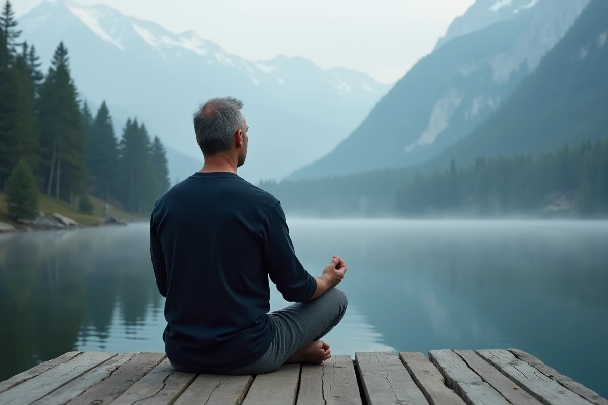 Homme pratiquant un mantra au bord d'un lac de montagne au lever du jour, posture de méditation et calme intérieur