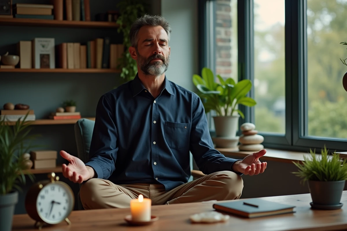 Homme méditant près d une fenêtre avec horloge et bougie