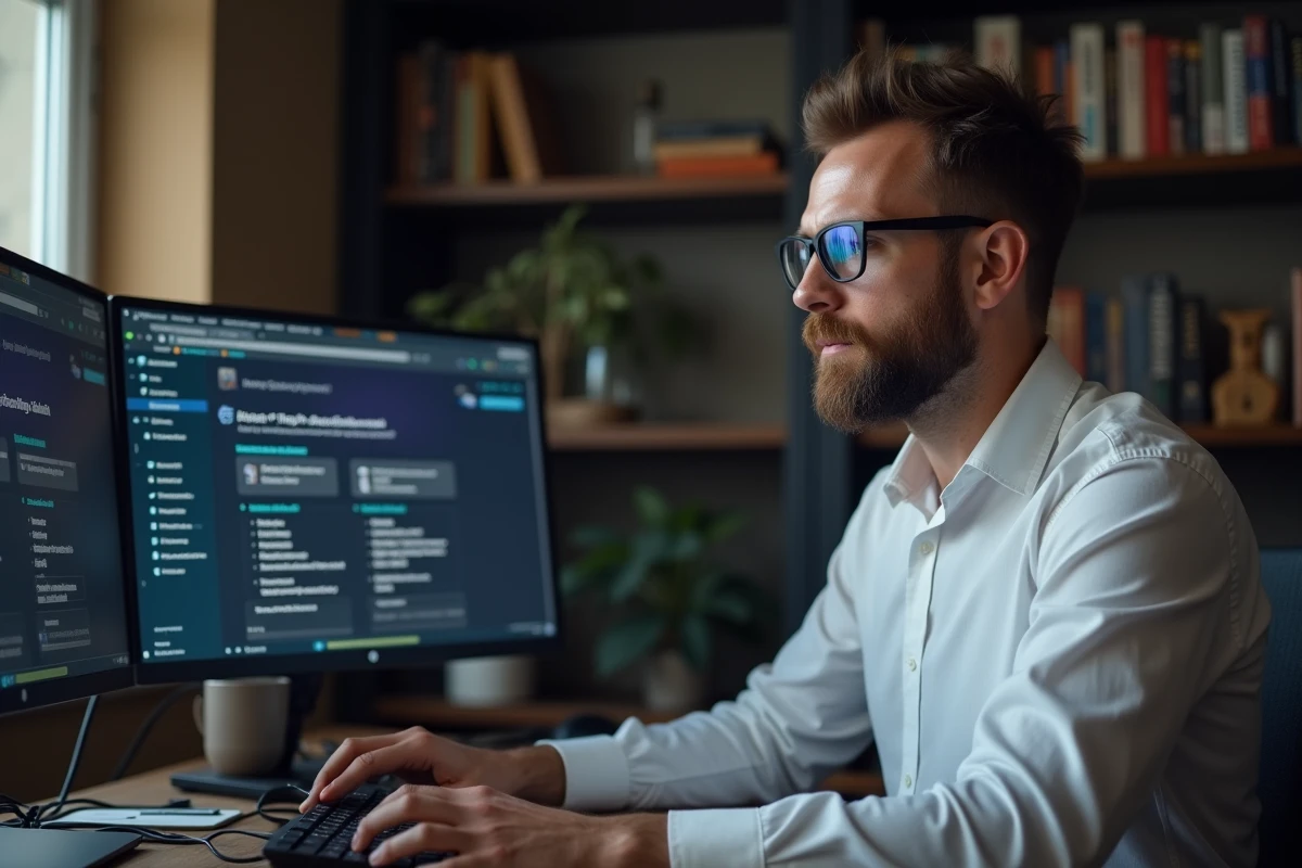 Homme d'âge moyen utilisant le navigateur Tor sur un bureau double écran pour préserver son anonymat en ligne