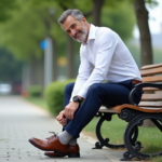 Chaussures : importance d’une tenue soignée pour le style et le confort Homme d'âge moyen assis sur un banc dans un parc en train de lacer ses chaussures en cuir