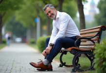 Chaussures : importance d’une tenue soignée pour le style et le confort Homme d'âge moyen assis sur un banc dans un parc en train de lacer ses chaussures en cuir