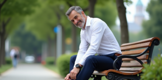 Chaussures : importance d’une tenue soignée pour le style et le confort Homme d'âge moyen assis sur un banc dans un parc en train de lacer ses chaussures en cuir