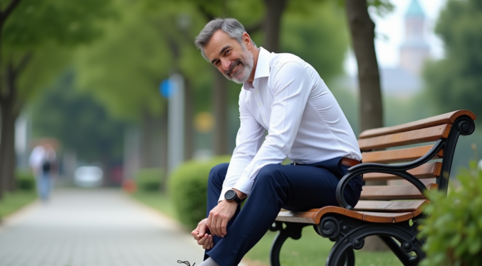 Chaussures : importance d’une tenue soignée pour le style et le confort Homme d'âge moyen assis sur un banc dans un parc en train de lacer ses chaussures en cuir