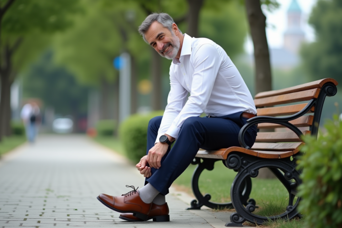 homme-park-banc-chaussures Homme d'âge moyen assis sur un banc dans un parc en train de lacer ses chaussures en cuir
