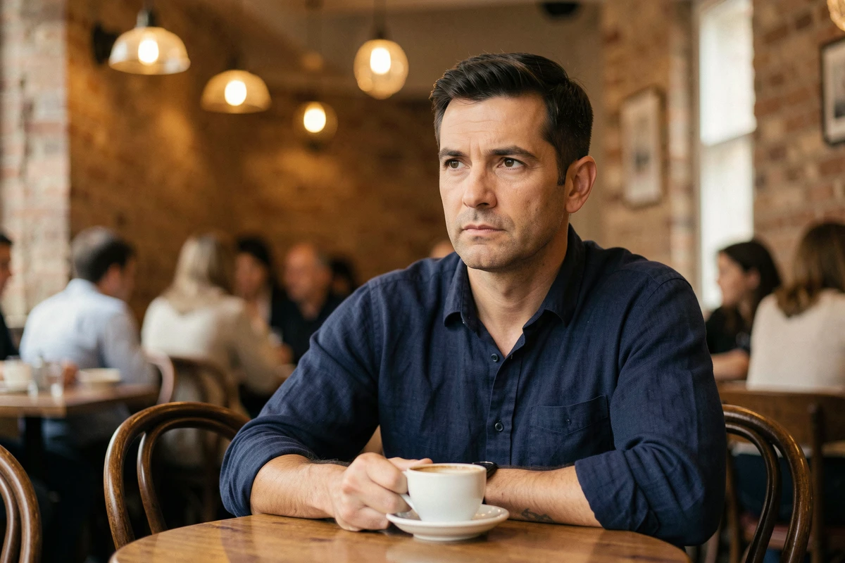 Homme pensif assis seul dans un café parisien, illustrant les rumeurs sur la vie privée de Tom Benoit