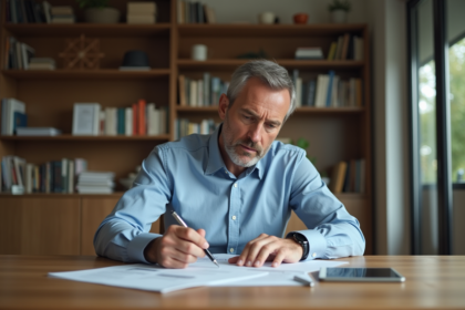 Homme d'âge moyen remplissant des documents fiscaux à la maison