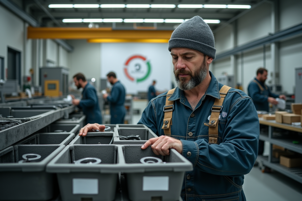 Homme en overalls examinant des composants dans une usine