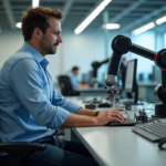 Impact progrès technique sur emploi : conséquences connues et solutions Homme d'âge moyen observant un bras robotique au bureau