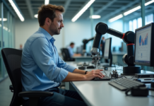 Impact progrès technique sur emploi : conséquences connues et solutions Homme d'âge moyen observant un bras robotique au bureau