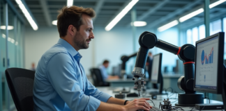 Impact progrès technique sur emploi : conséquences connues et solutions Homme d'âge moyen observant un bras robotique au bureau