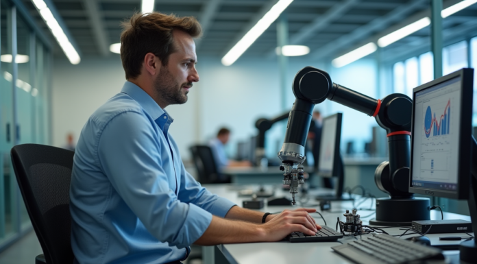 Impact progrès technique sur emploi : conséquences connues et solutions Homme d'âge moyen observant un bras robotique au bureau