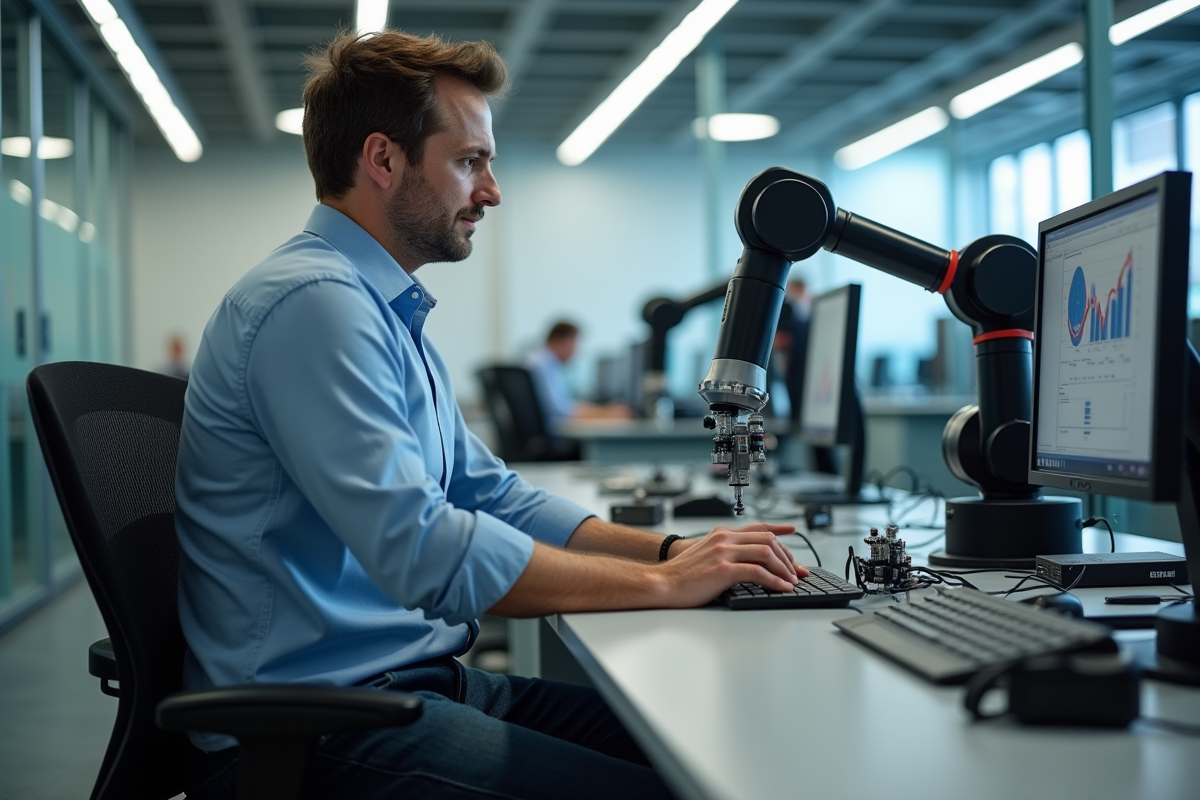 Homme d'âge moyen observant un bras robotique au bureau