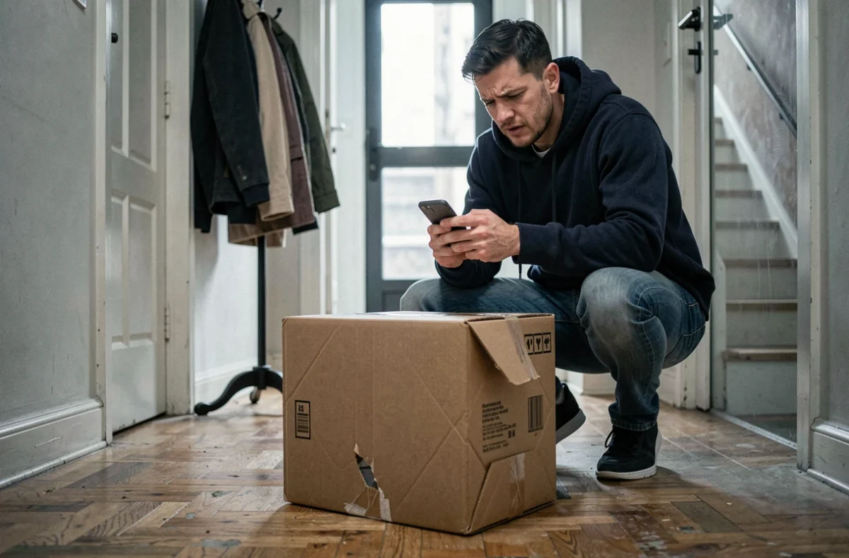 Homme photographiant un colis abîmé avec son smartphone dans le couloir d'un appartement pour signaler un litige de livraison
