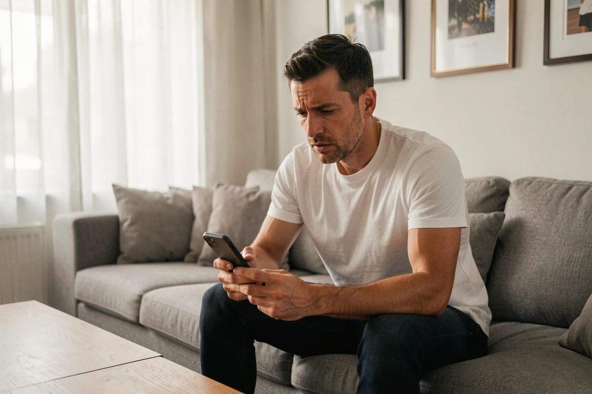 Homme consultant son téléphone avec une expression préoccupée dans un salon moderne, évoquant les polémiques autour de la vie privée d'une personnalité publique