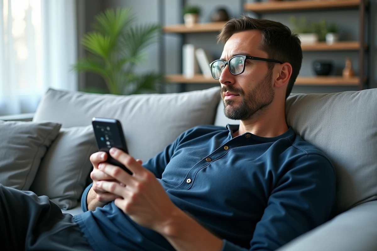 Homme adulte réfléchissant à sa stratégie pour deviner le mot mystère du jeu Pédantix sur son smartphone dans un salon moderne