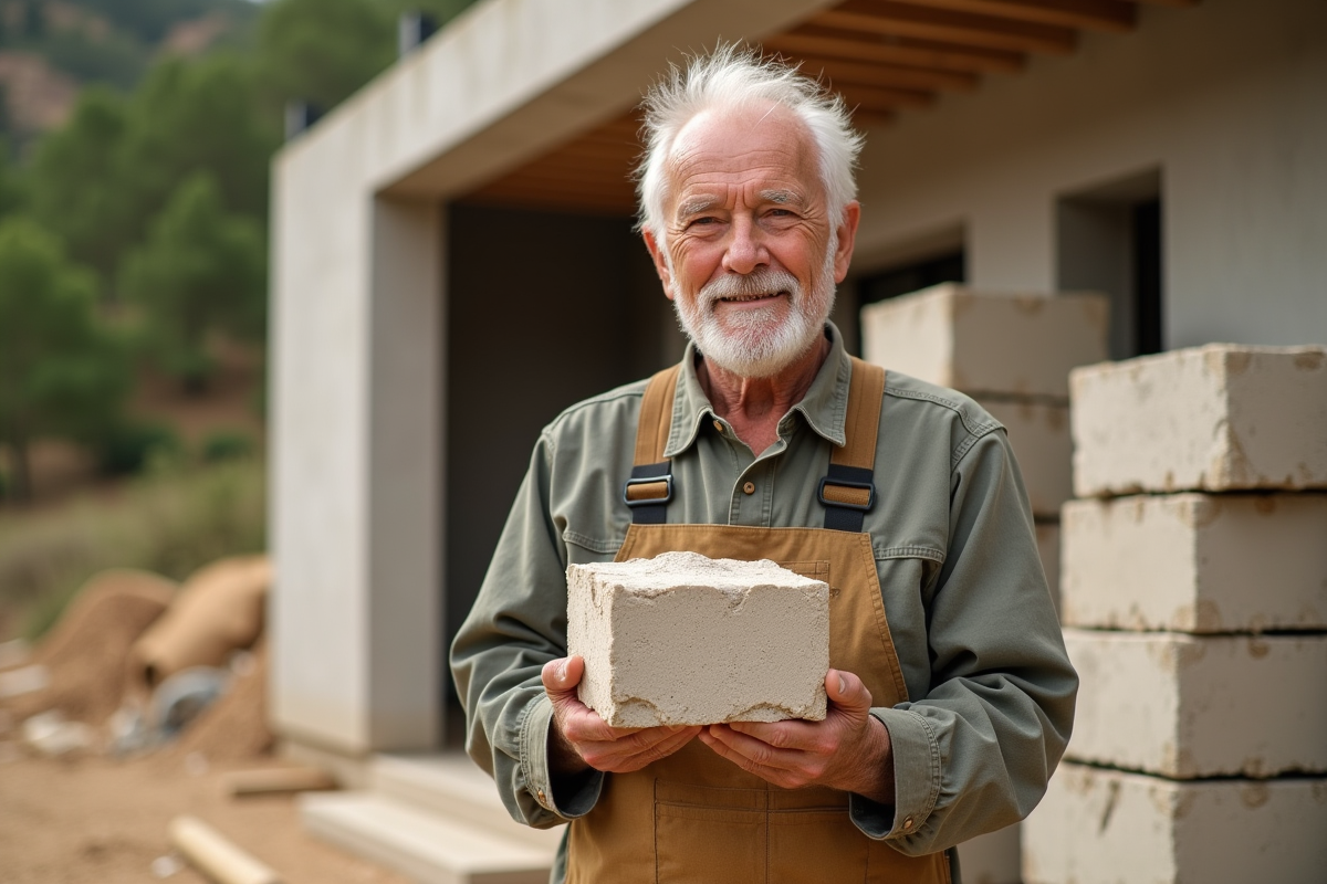 Homme présentant un bloc de hempcrete devant une maison écologique
