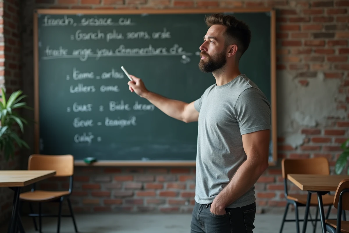 Homme pointant des notes de grammaire française sur un tableau noir, évoquant les règles d'orthographe pour distinguer attend et attends