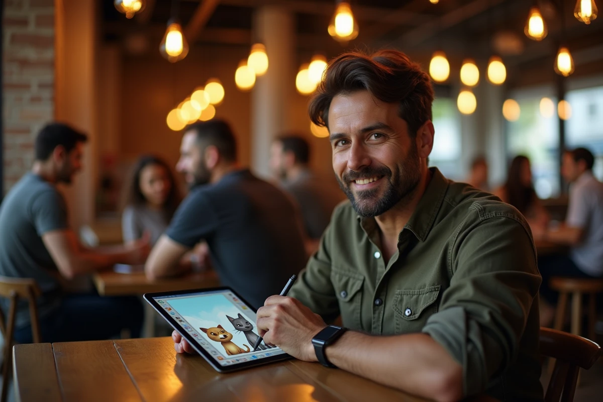 Homme travaillant sur une feuille de sprites pixel art d'animaux sur tablette dans un café urbain