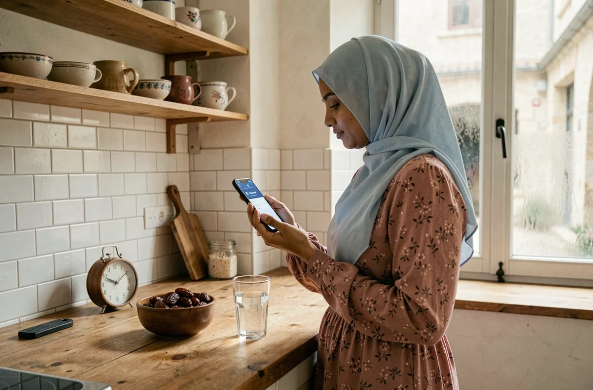 Jeune femme en hijab consultant les horaires de prière du ramadan sur son téléphone dans une cuisine à Bordeaux