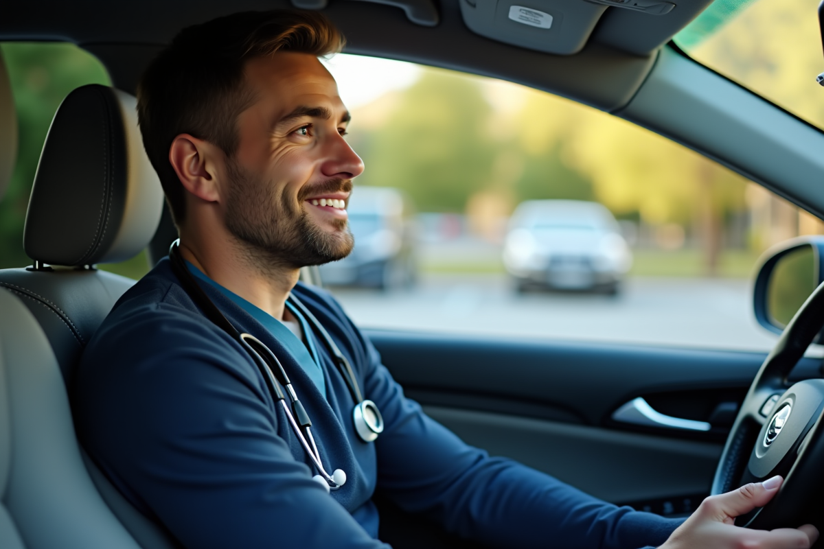 Infirmier masculin dans le siège conducteur d