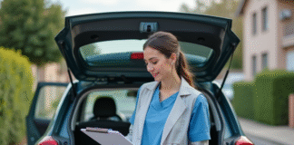 Infirmière féminine près d'une voiture dans une rue résidentielle