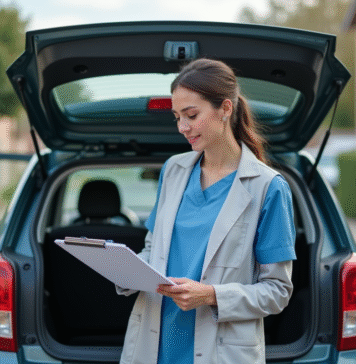 Voiture infirmière libérale : comment choisir le meilleur véhicule ? Infirmière féminine près d'une voiture dans une rue résidentielle