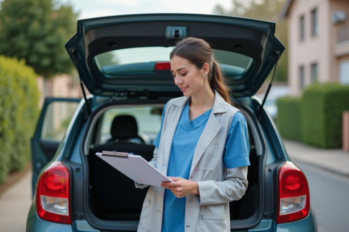 infirmiere-voiture-residentielle Infirmière féminine près d'une voiture dans une rue résidentielle