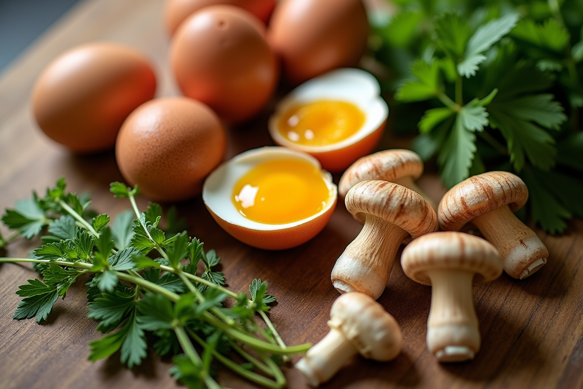 Œufs frais champignons et herbes sur plan de travail en bois