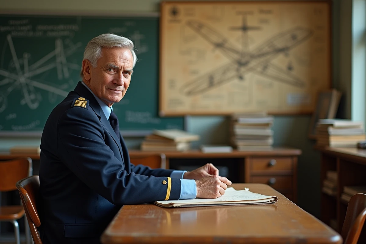 Instructeur de pilotage senior en uniforme expliquant une carte aéronautique dans une salle de cours d'école de vol vintage