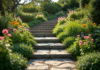 Jardin en pente avec terrasses de pierres et fleurs colorées